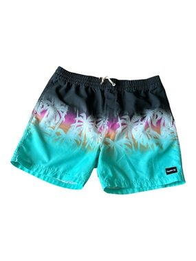 Hurley Men Black-Teal Gradient Palm Print Swim Shorts Size Large